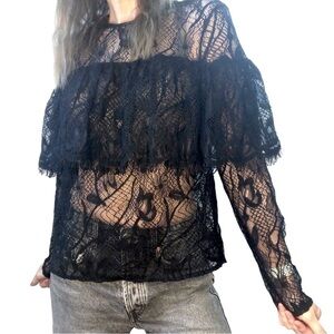 Women’s Sz S Black Ruffled Lace L/S Blouse Top Bell Sleeve Witchy Whimsigoth